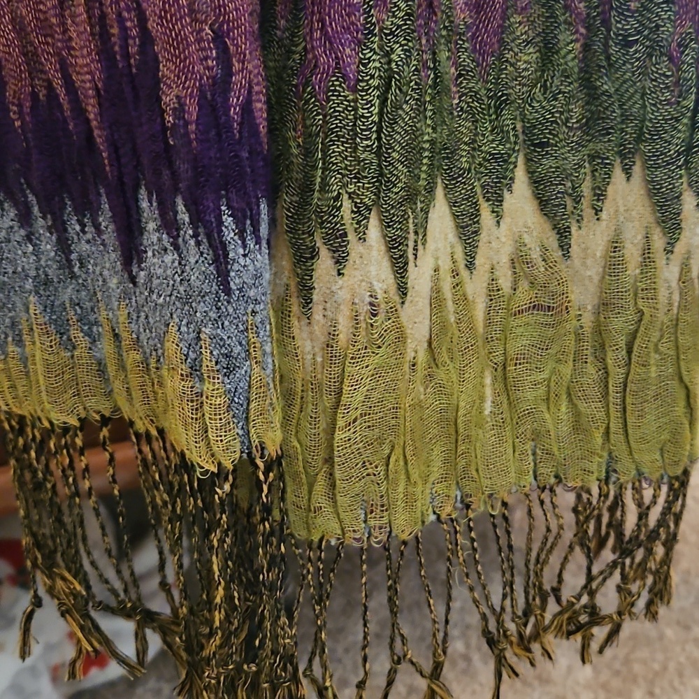 Vintage Purple and Green Multi-color Open Weave Crinkle Fringe Scarf - Picture 6 of 9